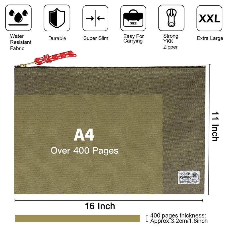 RE ROUGH ENOUGH Rough Enough Important Document Storage Bag File Folder Organizer Pouch with Zipper Waxed Canvas Water Repellent for Travel Office Legal Size Green - Image 3